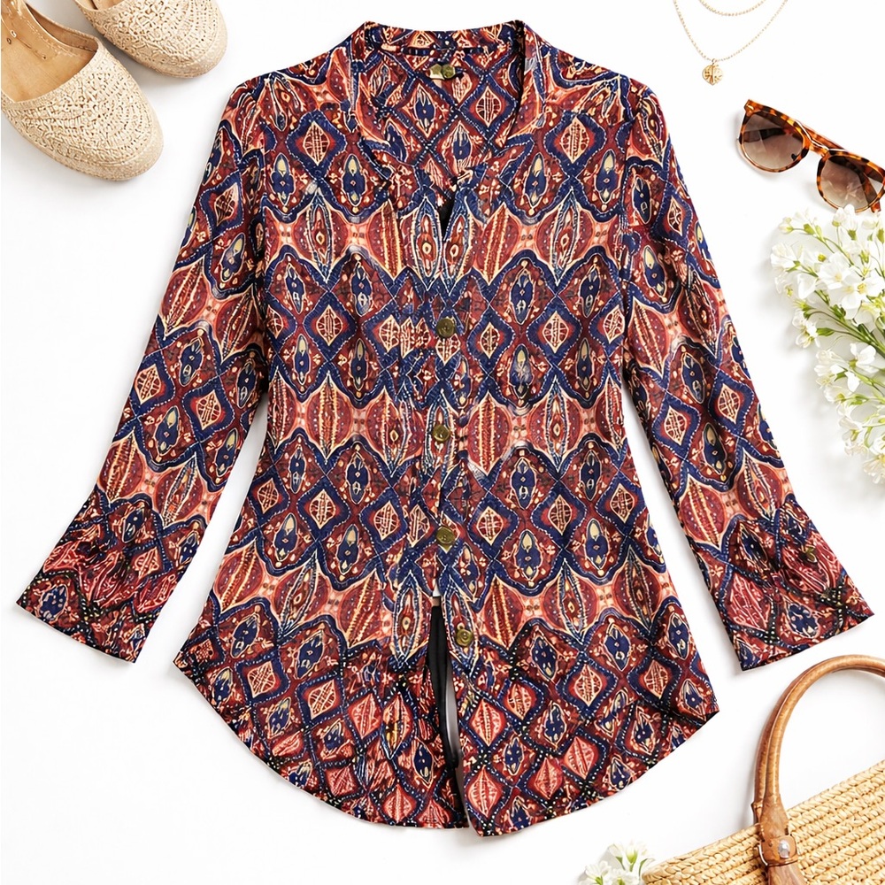 DR2 Patterned Button Down High Low Tunic Blouse - Picture 3 of 8